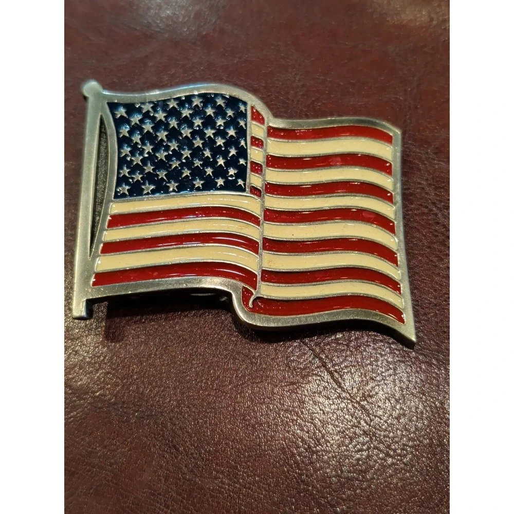 Vintage Style American Flag Belt Buckle Red White Blue Enamel Metal ID 2155